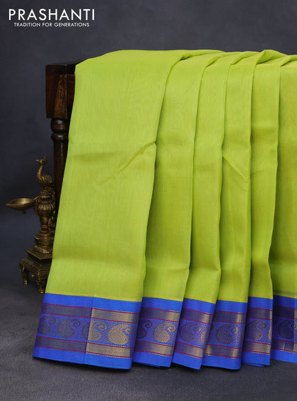 10 Yards silk cotton saree fluorescent green and cs blue with plain body and zari woven korvai border