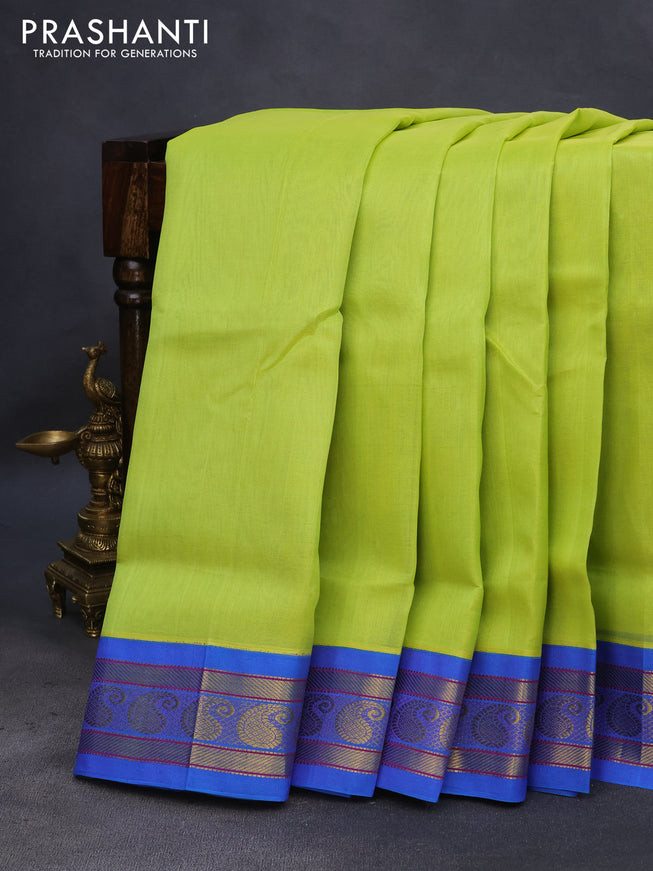 10 Yards silk cotton saree fluorescent green and cs blue with plain body and zari woven korvai border