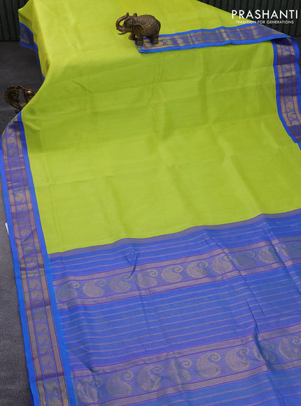 10 Yards silk cotton saree fluorescent green and cs blue with plain body and zari woven korvai border