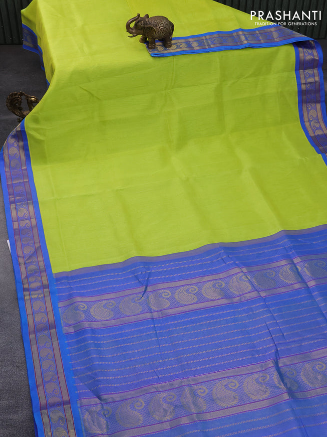 10 Yards silk cotton saree fluorescent green and cs blue with plain body and zari woven korvai border