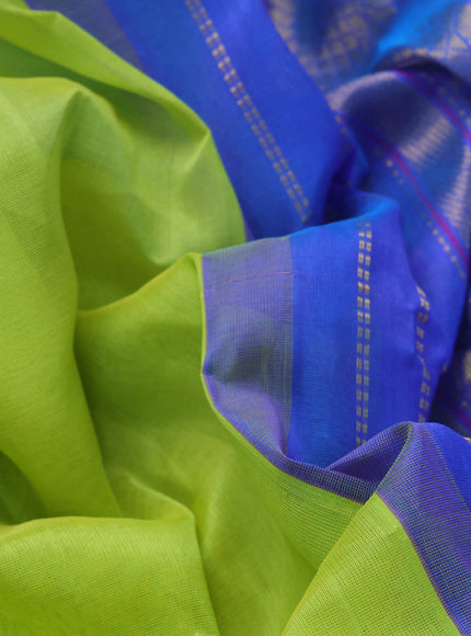 10 Yards silk cotton saree fluorescent green and cs blue with plain body and zari woven korvai border