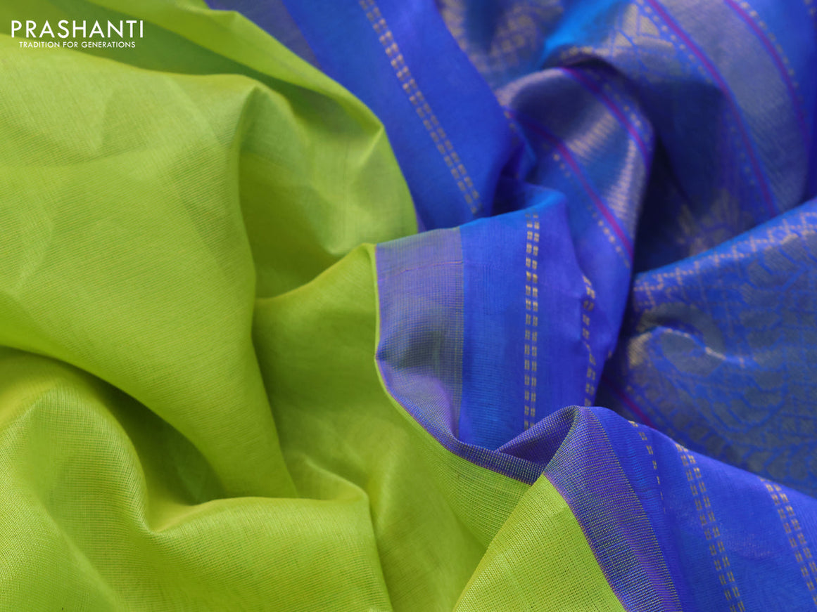 10 Yards silk cotton saree fluorescent green and cs blue with plain body and zari woven korvai border