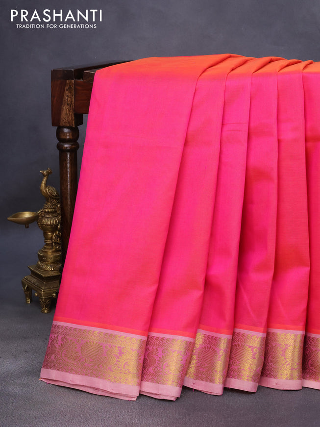 10 Yards silk cotton saree dual shade of pinkish orange and cream with plain body and annam zari woven border