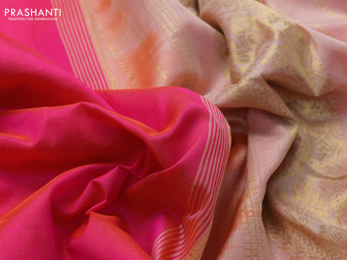 10 Yards silk cotton saree dual shade of pinkish orange and cream with plain body and annam zari woven border