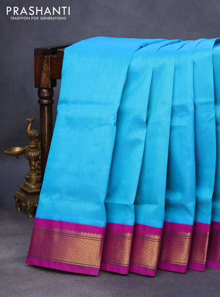 10 Yards silk cotton saree teal blue and purple with plain body and zari woven korvai border