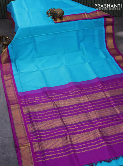 10 Yards silk cotton saree teal blue and purple with plain body and zari woven korvai border