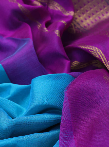 10 Yards silk cotton saree teal blue and purple with plain body and zari woven korvai border