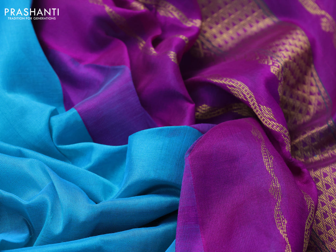 10 Yards silk cotton saree teal blue and purple with plain body and zari woven korvai border