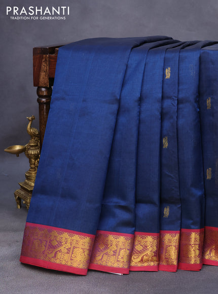 10 Yards silk cotton saree peacock blue and red with zari woven buttas and zari woven border