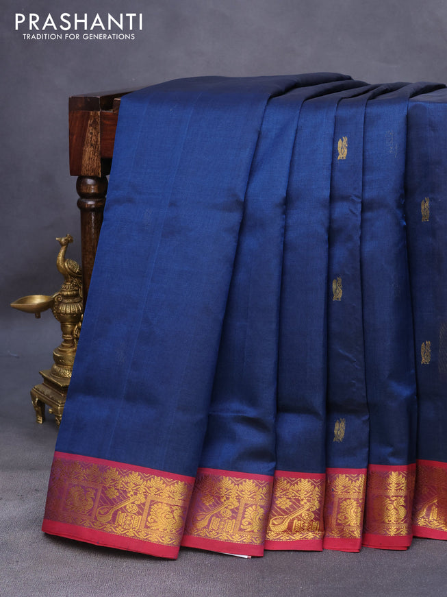 10 Yards silk cotton saree peacock blue and red with zari woven buttas and zari woven border