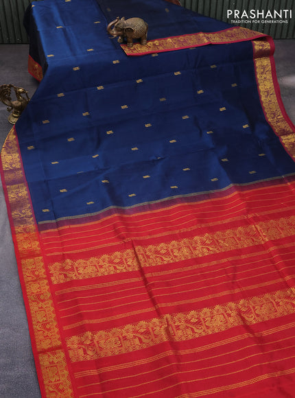 10 Yards silk cotton saree peacock blue and red with zari woven buttas and zari woven border