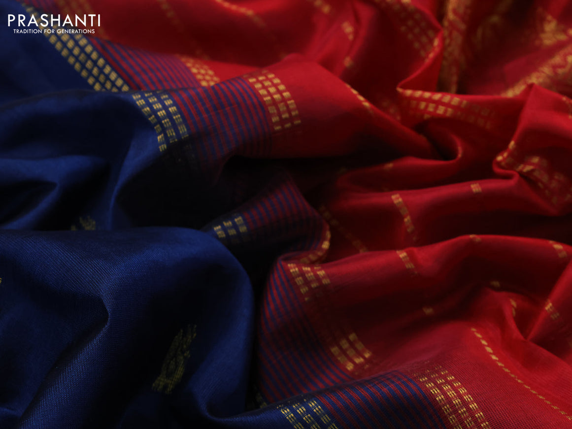 10 Yards silk cotton saree peacock blue and red with zari woven buttas and zari woven border