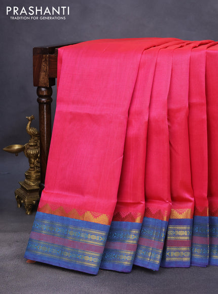 10 Yards silk cotton saree pink and blue shade with plain body and temple design zari woven border