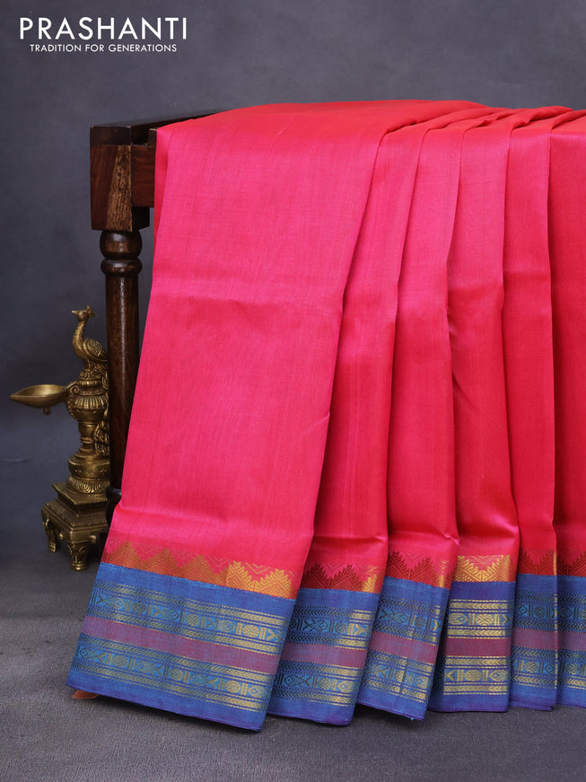 10 Yards silk cotton saree pink and blue shade with plain body and temple design zari woven border