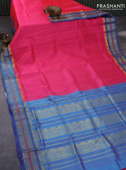 10 Yards silk cotton saree pink and blue shade with plain body and temple design zari woven border