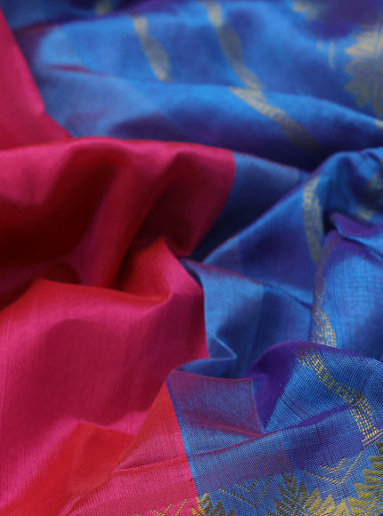 10 Yards silk cotton saree pink and blue shade with plain body and temple design zari woven border