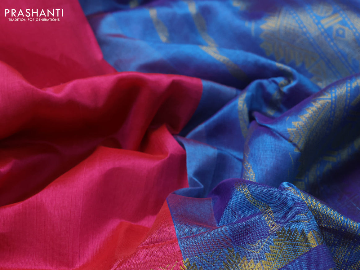 10 Yards silk cotton saree pink and blue shade with plain body and temple design zari woven border