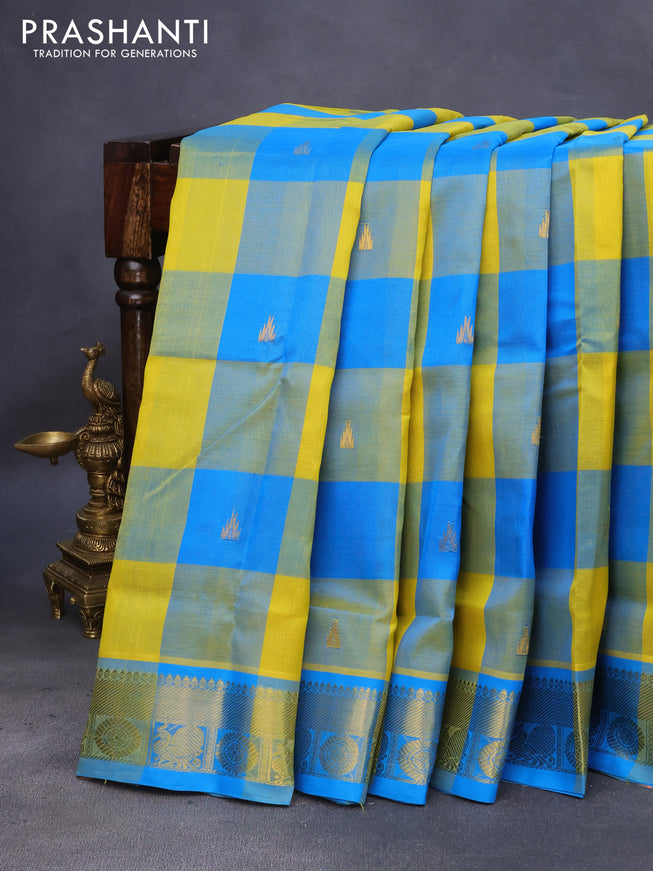 10 Yards silk cotton saree multi colour and cs blue with allover pallum pazhamum checks & buttas and zari woven border