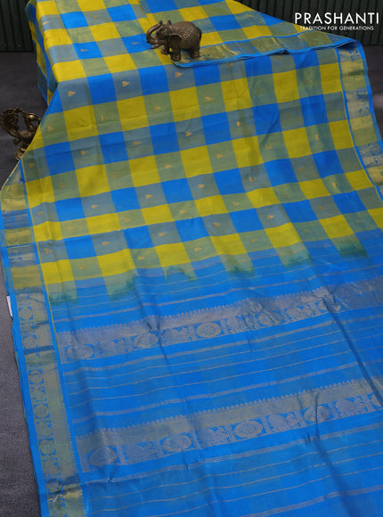 10 Yards silk cotton saree multi colour and cs blue with allover pallum pazhamum checks & buttas and zari woven border