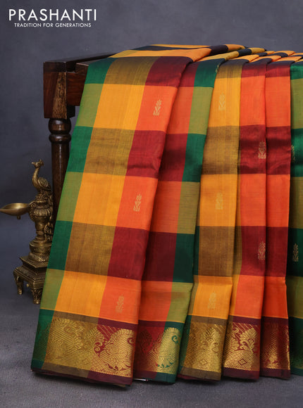 10 Yards silk cotton saree multi colour and maroon with allover pallum pazhamum checks & buttas and zari woven border