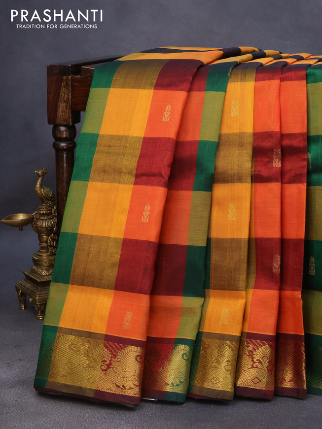 10 Yards silk cotton saree multi colour and maroon with allover pallum pazhamum checks & buttas and zari woven border