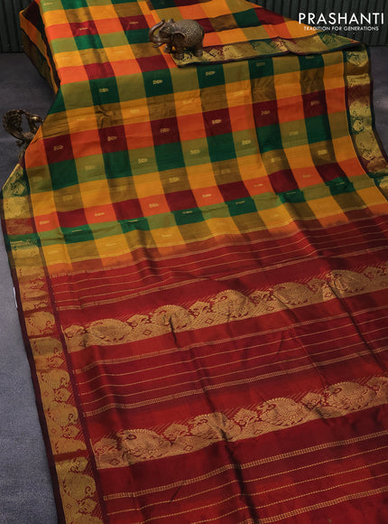 10 Yards silk cotton saree multi colour and maroon with allover pallum pazhamum checks & buttas and zari woven border