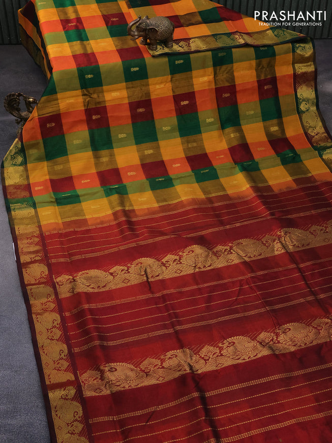 10 Yards silk cotton saree multi colour and maroon with allover pallum pazhamum checks & buttas and zari woven border