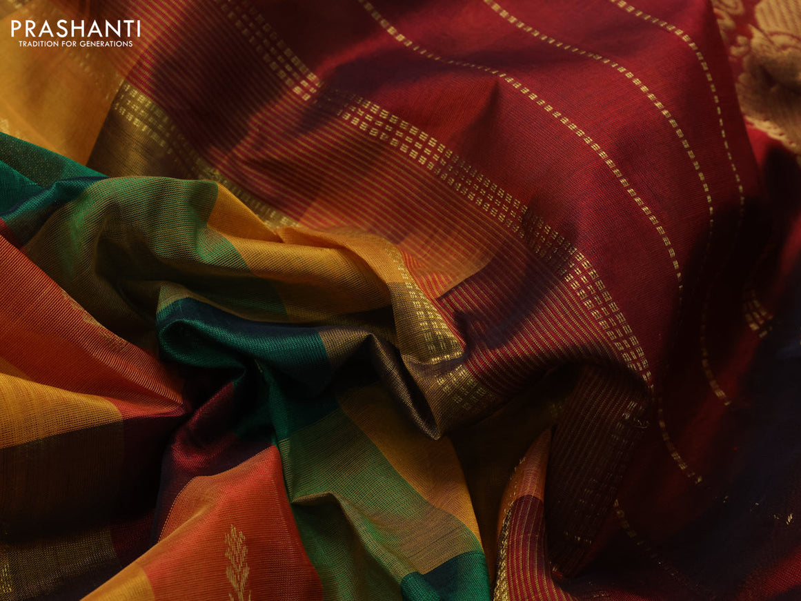 10 Yards silk cotton saree multi colour and maroon with allover pallum pazhamum checks & buttas and zari woven border