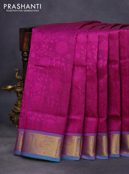 10 Yards silk cotton saree magenta pink and teal blue with allover self emboss jacquard and annam zari woven border