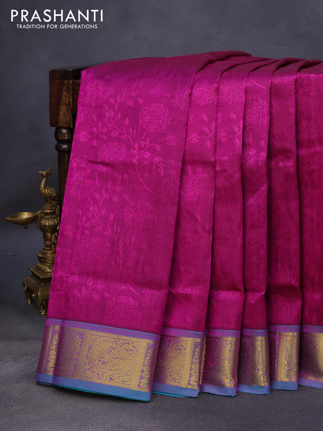 10 Yards silk cotton saree magenta pink and teal blue with allover self emboss jacquard and annam zari woven border