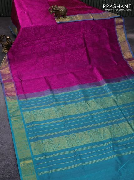 10 Yards silk cotton saree magenta pink and teal blue with allover self emboss jacquard and annam zari woven border