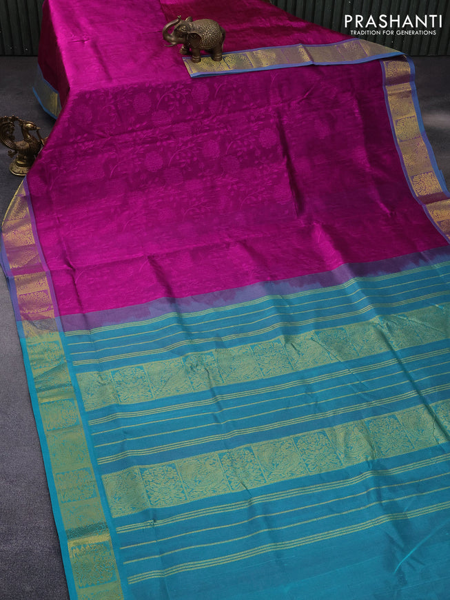 10 Yards silk cotton saree magenta pink and teal blue with allover self emboss jacquard and annam zari woven border