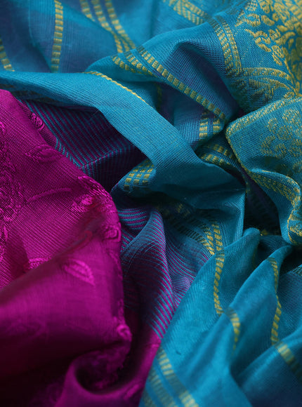 10 Yards silk cotton saree magenta pink and teal blue with allover self emboss jacquard and annam zari woven border