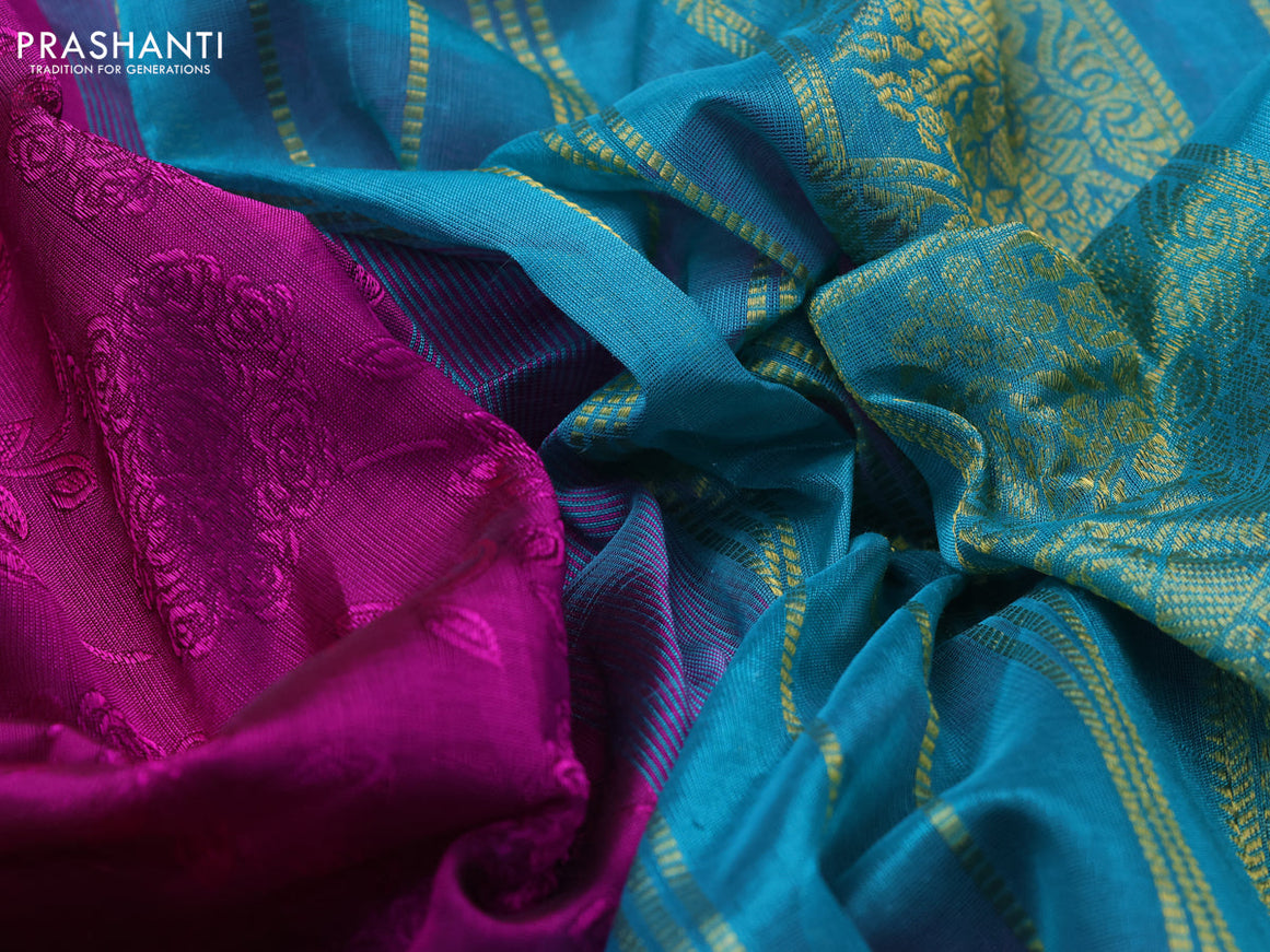 10 Yards silk cotton saree magenta pink and teal blue with allover self emboss jacquard and annam zari woven border