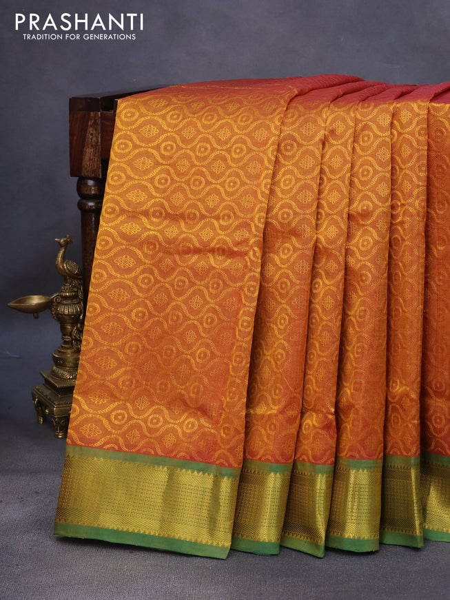 10 Yards silk cotton saree dual shade of mustard and green with allover self emboss jacquard and zari woven border