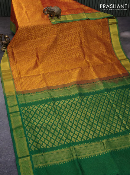 10 Yards silk cotton saree dual shade of mustard and green with allover self emboss jacquard and zari woven border