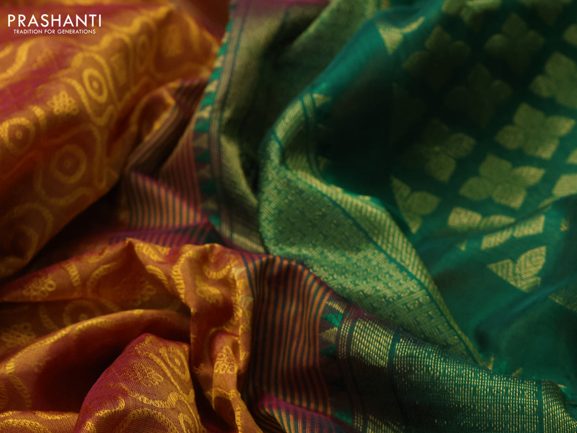 10 Yards silk cotton saree dual shade of mustard and green with allover self emboss jacquard and zari woven border