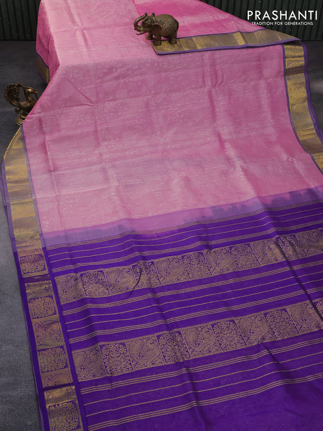 10 Yards silk cotton saree light pink and blue with allover self emboss jacquard and annam zari woven border