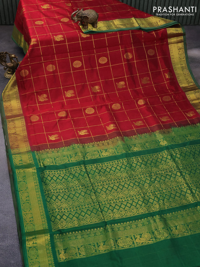 10 Yards silk cotton saree maroon and green with allover zari checks pattern & annam buttas and zari woven border