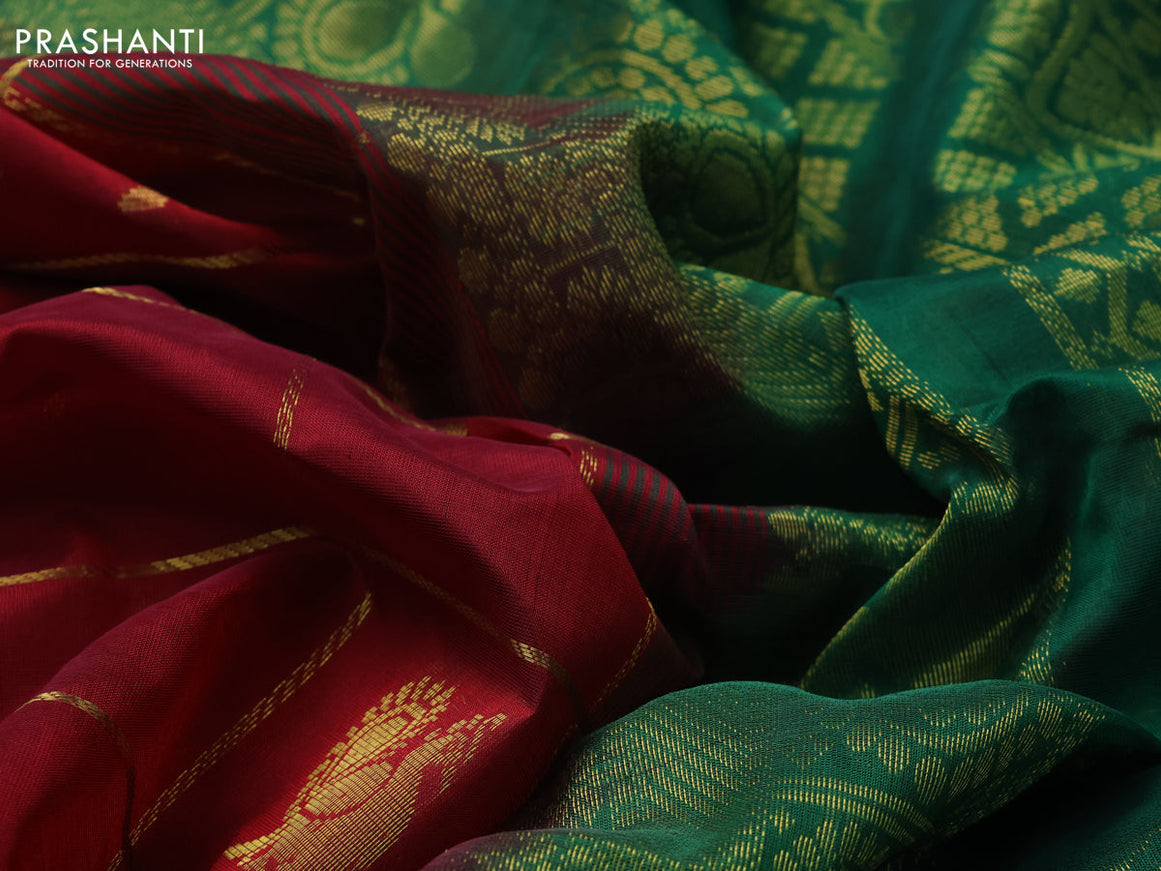 10 Yards silk cotton saree maroon and green with allover zari checks pattern & annam buttas and zari woven border