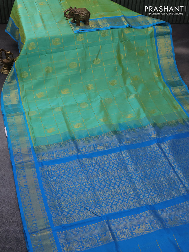 10 Yards silk cotton saree teal green and cs blue with allover zari checks pattern & annam buttas and zari woven border