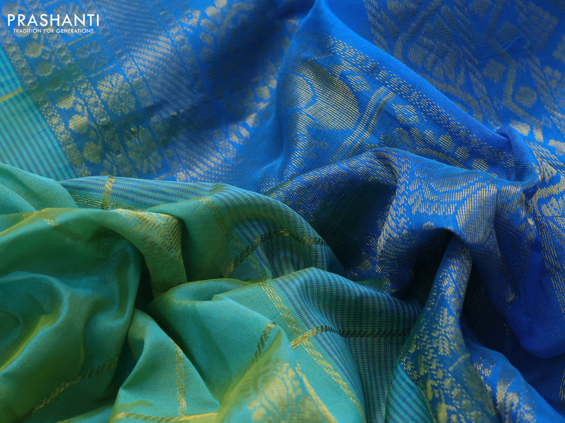 10 Yards silk cotton saree teal green and cs blue with allover zari checks pattern & annam buttas and zari woven border