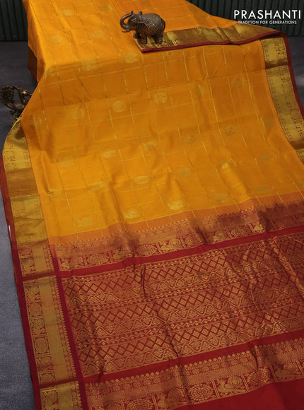 10 Yards silk cotton saree mustard yellow and maroon with allover zari checks pattern & annam buttas and zari woven border