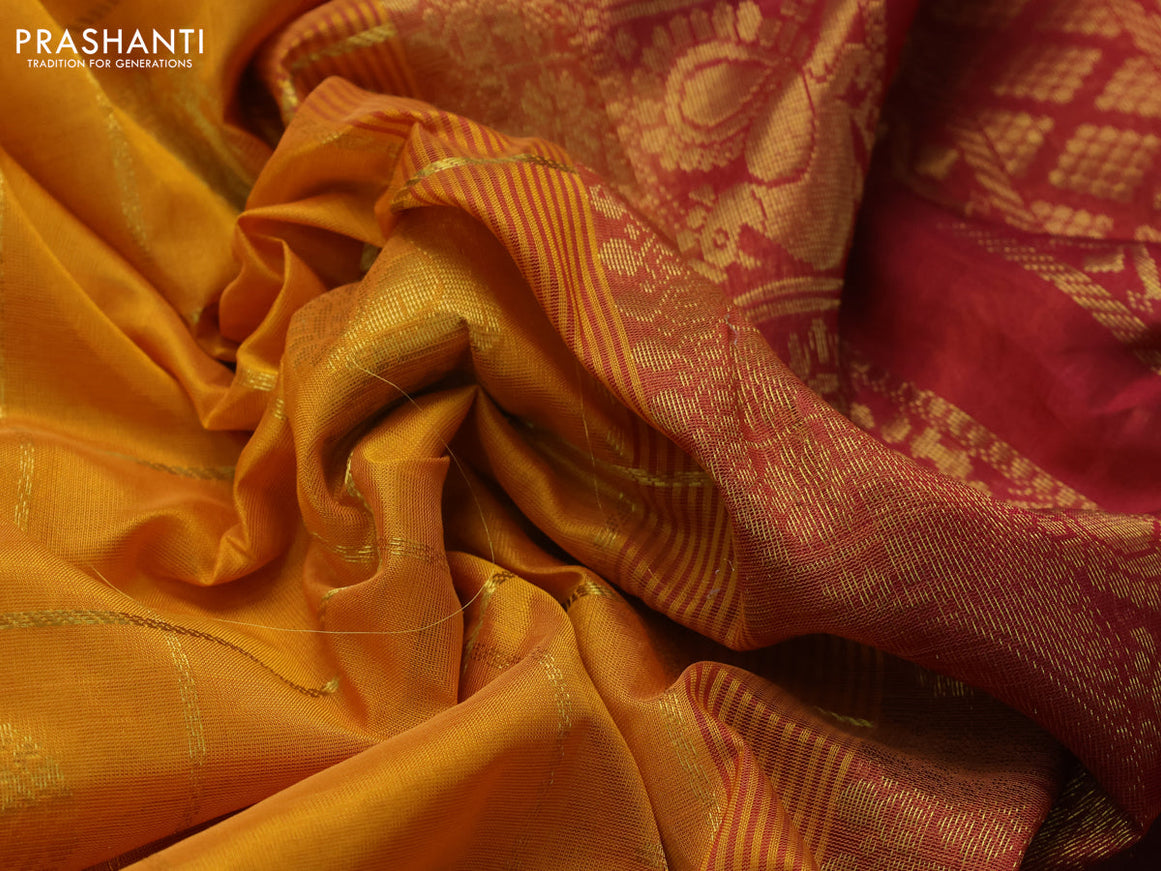 10 Yards silk cotton saree mustard yellow and maroon with allover zari checks pattern & annam buttas and zari woven border