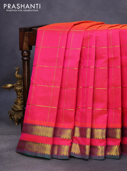 10 Yards silk cotton saree dual shade of pinkish orange and green with allover zari checks pattern and rettapet zari woven border