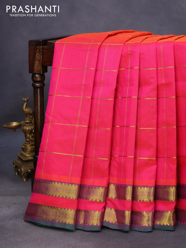 10 Yards silk cotton saree dual shade of pinkish orange and green with allover zari checks pattern and rettapet zari woven border