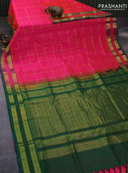 10 Yards silk cotton saree dual shade of pinkish orange and green with allover zari checks pattern and rettapet zari woven border