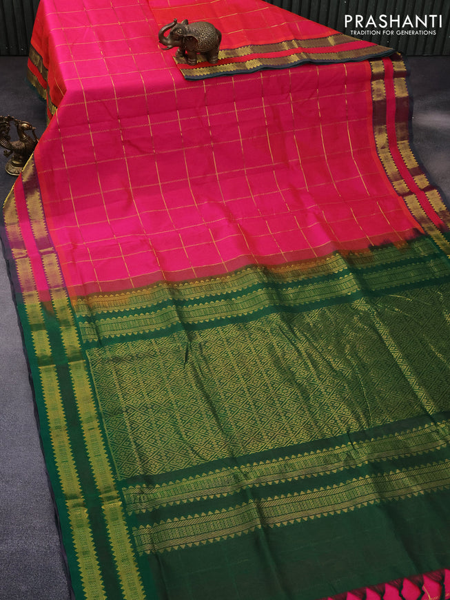 10 Yards silk cotton saree dual shade of pinkish orange and green with allover zari checks pattern and rettapet zari woven border