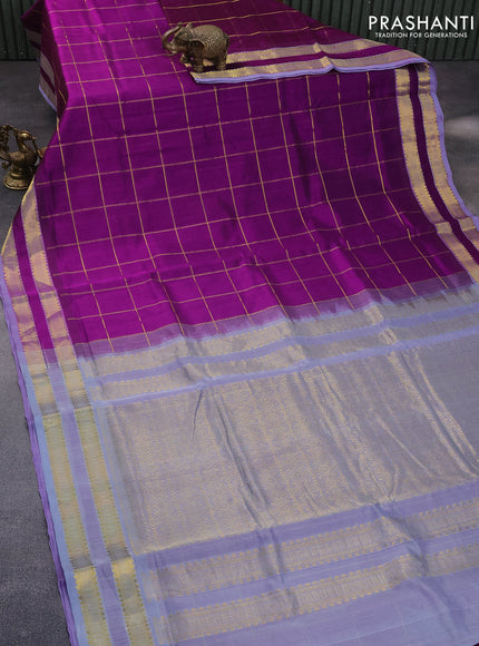 10 Yards silk cotton saree purple and grey with allover zari checks pattern and rettapet zari woven border