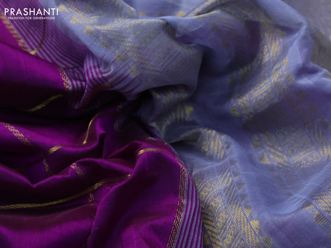 10 Yards silk cotton saree purple and grey with allover zari checks pattern and rettapet zari woven border